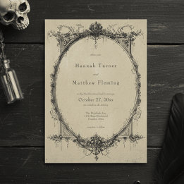 Convite Vintage Gothic Black Toile Tan Wedding