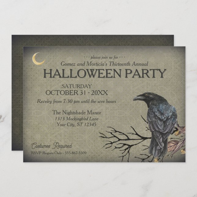 Convite Vintage Gothic Raven Halloween (Frente/Verso)