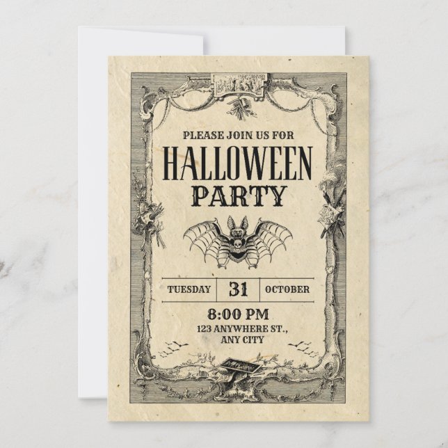 Convite Vintage Gótico para Festa de Halloween (Frente)