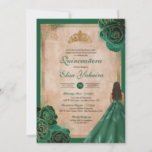 Convite Vintage Green Dourado Rosas Elegante Royal Quincea