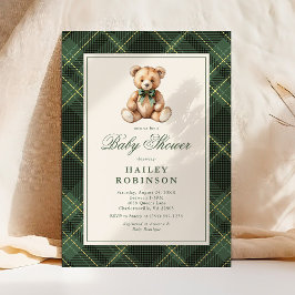 Convite Vintage Green Plaid Classic Teddy Bear Baby Shower