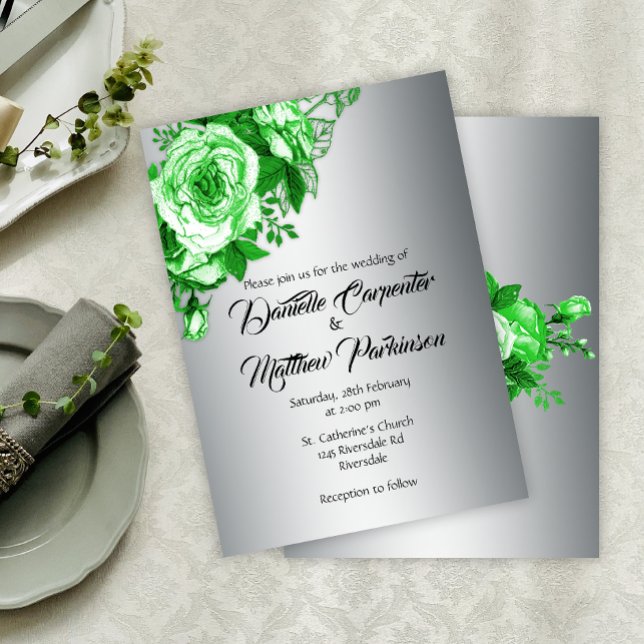 Convite Vintage Green Rosas Silver Wedding (Criador carregado)