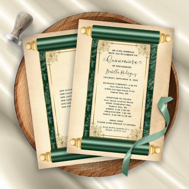 Convite Vintage Green Scroll Elegante Quinceañera (Vintage Green Gold Scroll Elegant Quinceañera Invitation)
