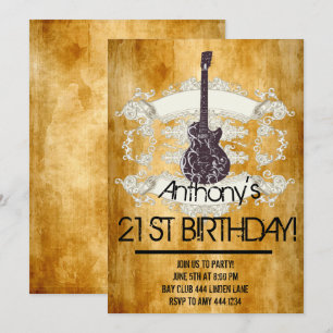 Convite Vintage Guitar Rock aniversário de 21 anos