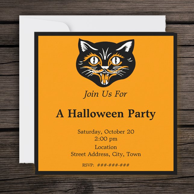 Convite Vintage Halloween Black Cat Face Party (Black cat vintage Halloween face on orange and black Halloween party invitation.)