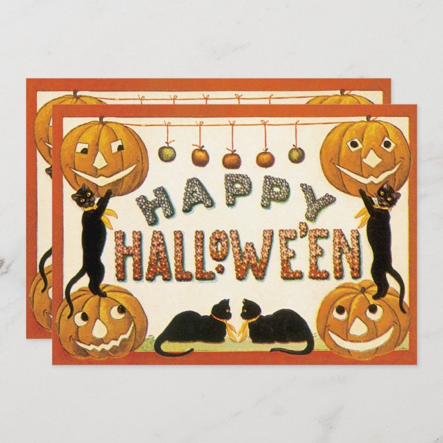Convite Vintage Halloween, Gatos Negros com Jackolanteras (Frente/Verso)