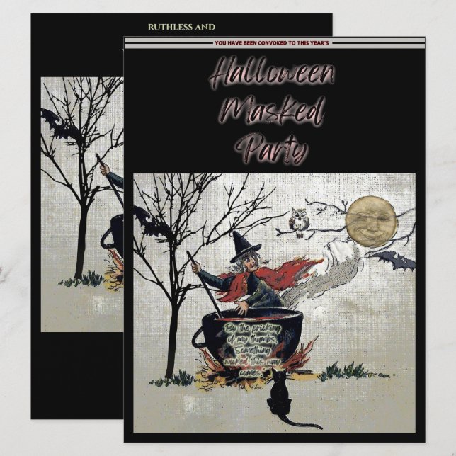 Convite Vintage Halloween Mask Party Witold Cauldron (Frente/Verso)