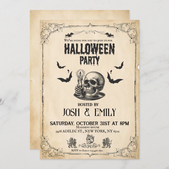 Convite Vintage Halloween Party Adulto Skull (Frente/Verso)