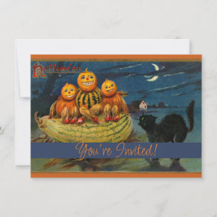 Convite Vintage Halloween Pumpkins Black Cat