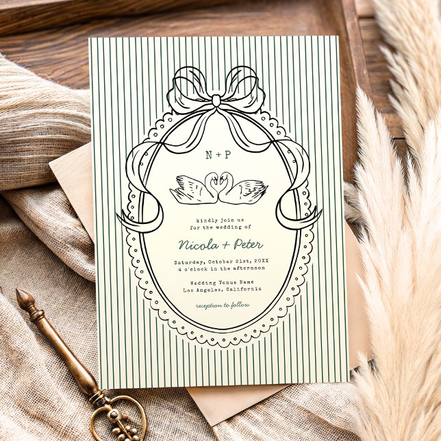Convite Vintage Hand Drawn Swan Green Stripes Wedding (Criador carregado)