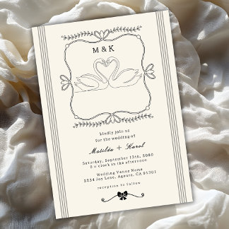 Convite Vintage Hand Drawn Swans Stripes Monogram Wedding