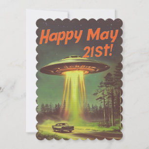 Convite Vintage Happy May 21 rua Ufo e Carro no Campo