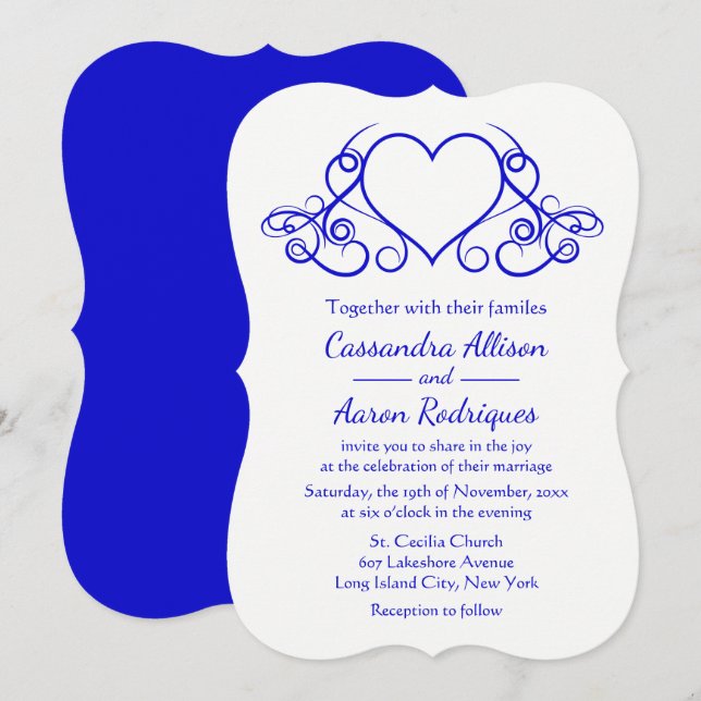 Convite Vintage Heart Cobalt Blue & White Weding Love (Frente/Verso)