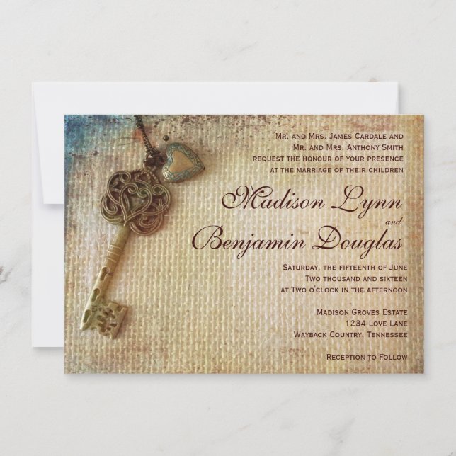 Convite Vintage Heart Key Rustic Burlap Invitation (Frente)