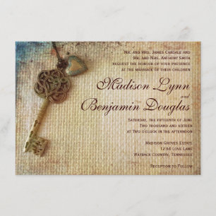 Convite Vintage Heart Key Rustic Burlap Invitation