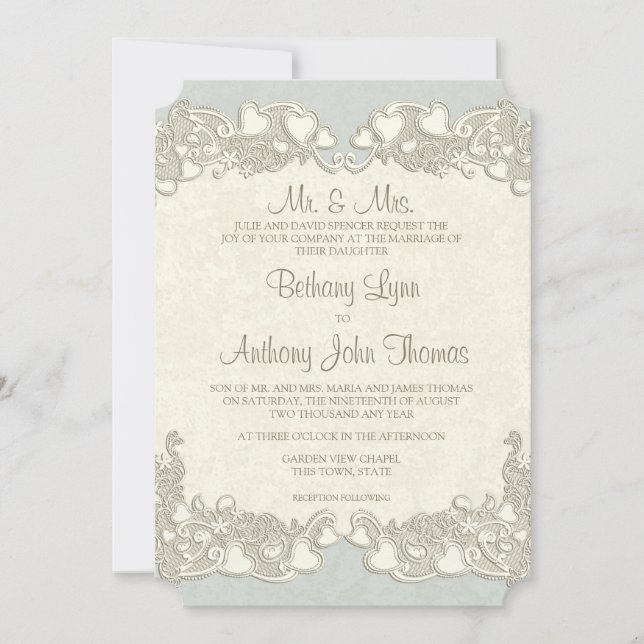 Convite Vintage Hearts Country Sage Green (Frente)