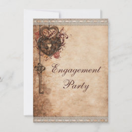 Convite Vintage Hearts Lock and Key Festa de noivado