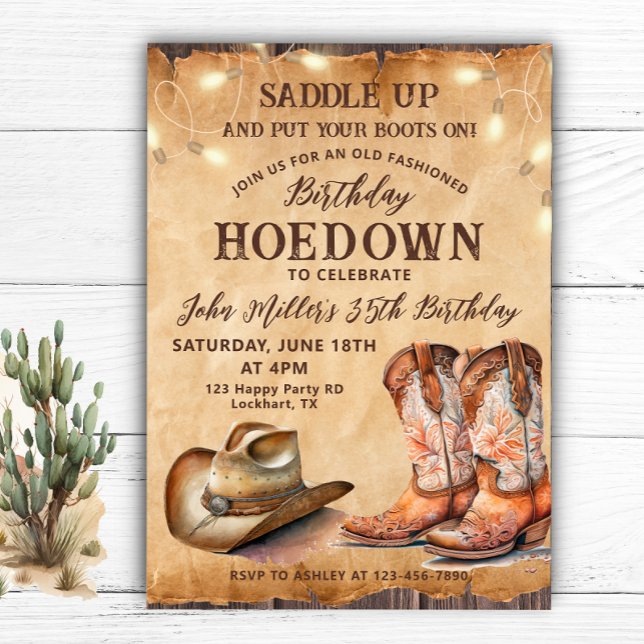 Convite Vintage Hoedown Birthday com Cowboy Boots & Hat (Criador carregado)