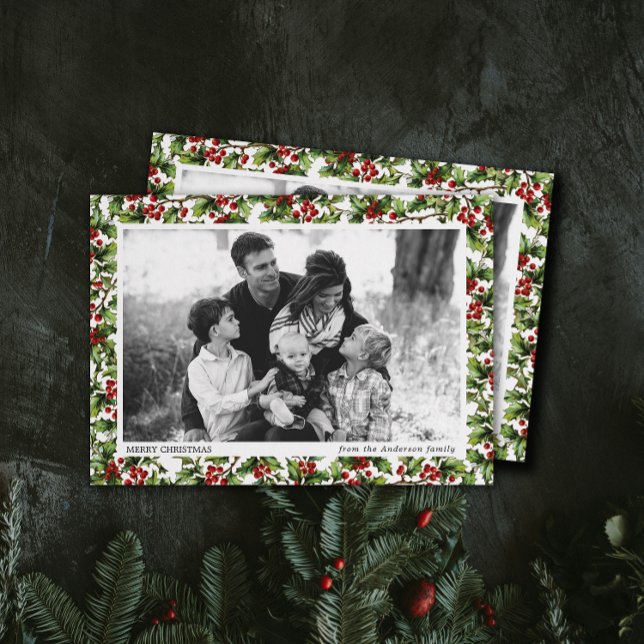 Convite Vintage Holly Photo Frame Christmas (one photo Christmas holiday cards with vintage holly berry patterned border frame )