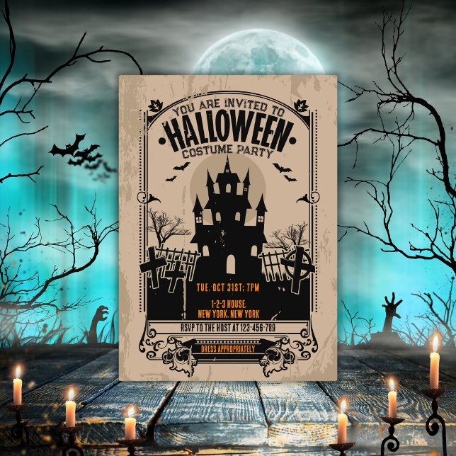 Convite Vintage Huneen Party (vintage Haunted house halloween party invitation.
Haunted mansion invites you to spooky booze party.)