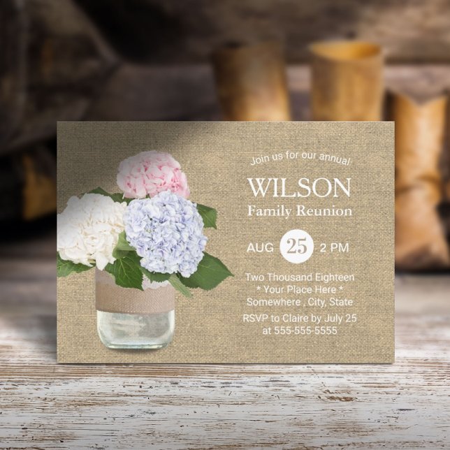 Convite Vintage Hydrangea Mason Jar Family Reunion (Criador carregado)
