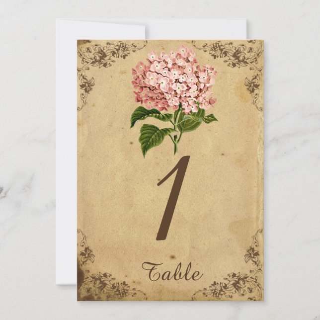 Convite Vintage Hydrangea Número da Tabela de Casamento (Frente)