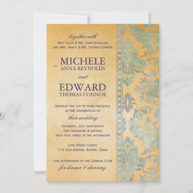 Convite Vintage Ice Blue Damask Lace Casamento (Frente)