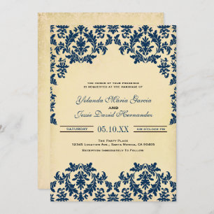 Convite Vintage Indigo, Casamento tema damasco