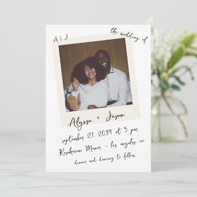 Convite Vintage Instant Photo Handwritten Monogram Wedding (Em pé/Frente)