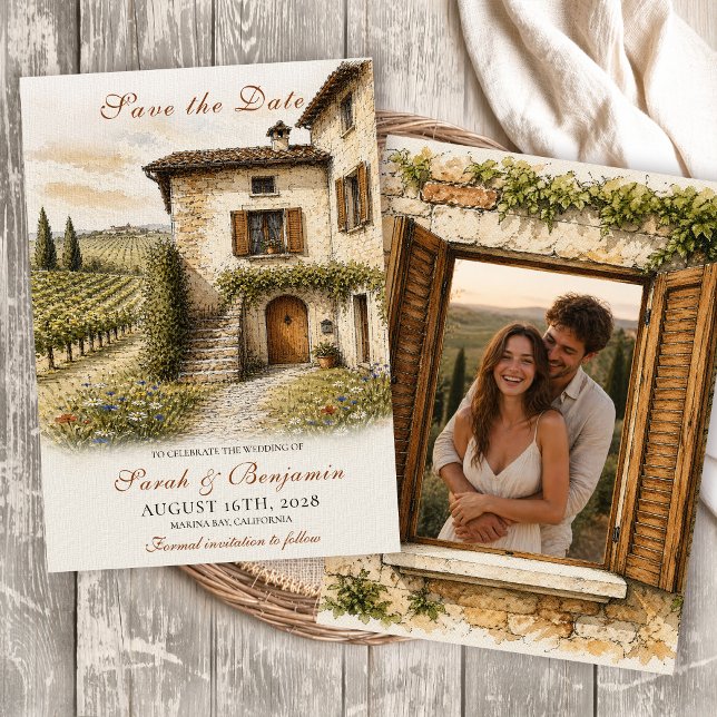 Convite Vintage Italian Farmhouse Photo Save the Date (Criador carregado)