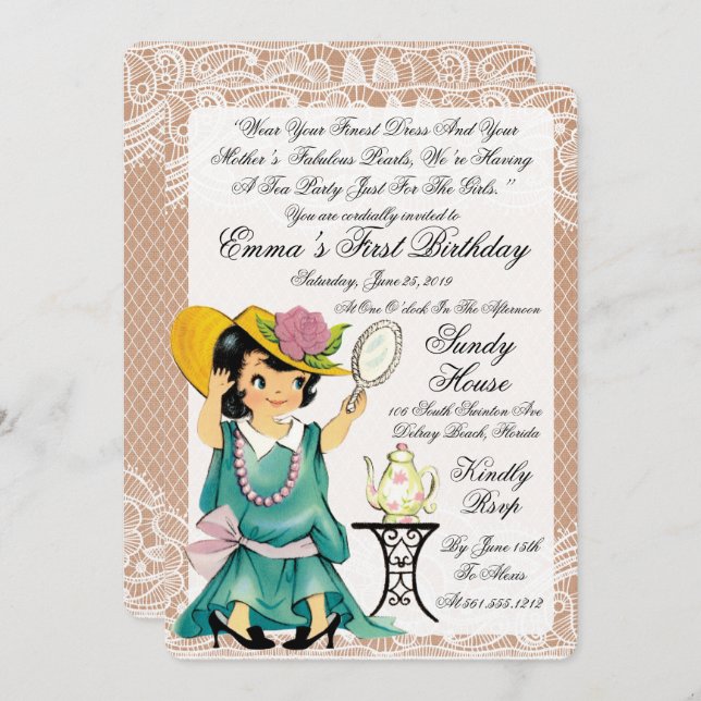 Convite Vintage Ivory Burlap Primeiro Aniversário (Frente/Verso)