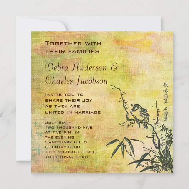 Convite Vintage Japonês Bird Wedding (Frente)