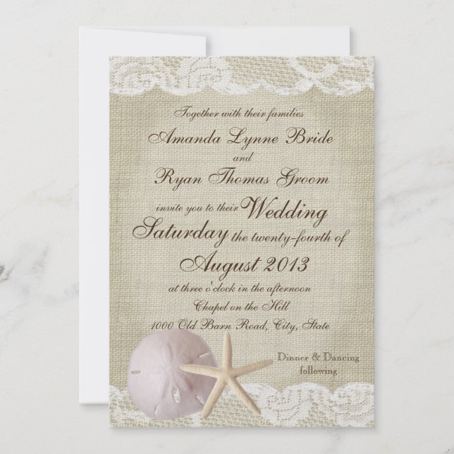 Convite Vintage Lace Beach Wedding (Frente)