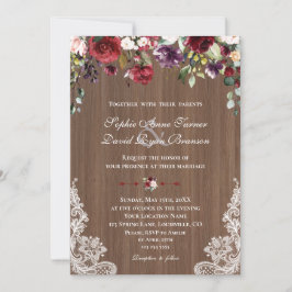 Convite Vintage Lace Burgundy Blush Flowers Casamento de M