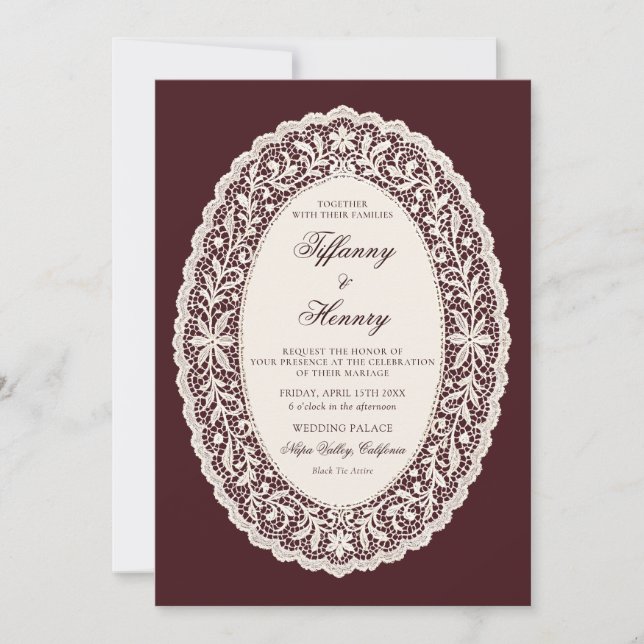 Convite Vintage Lace Burgundy Wedding Invitation (Frente)