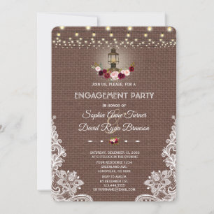 Convite Vintage Lace Burlap String Luzes Festa de noivado