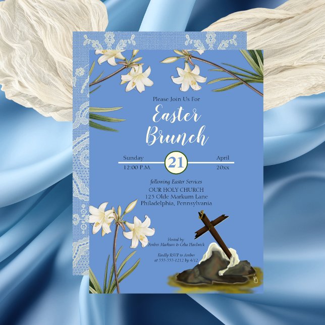 Convite Vintage Lace | Lírios | Páscoa Cruzada Brunch (Old Rugged Cross and Lilies Easter Brunch Invitation)