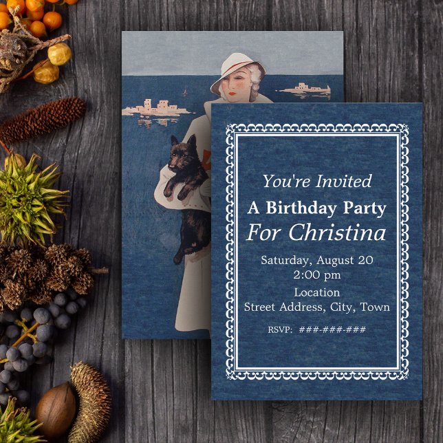Convite Vintage Lady Scotty Terrier Dog Ocean Birthday (Elegant Lady by ocean holding Scotty dog on dark blue birthday party invitations.)