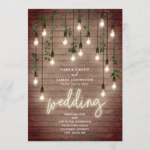 Convite Vintage Lightbulbs - Sinal de Neon Casamento de Ma