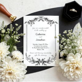 Convite Vintage Line Drawn Floral Black & White Wedding |