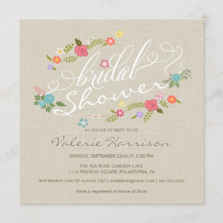 Convite Vintage Linen Floral Wreath Chá de panela Convida