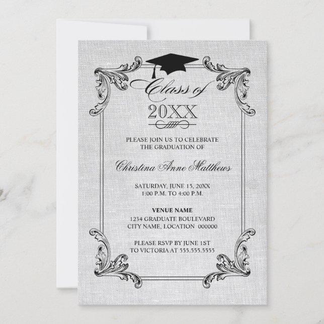 Convite Vintage Linen Look and Ornament Graduation (Frente)