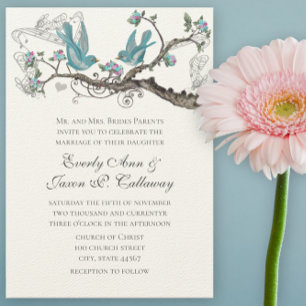 Convite Vintage Love Bird Aqua e Pink Weditation