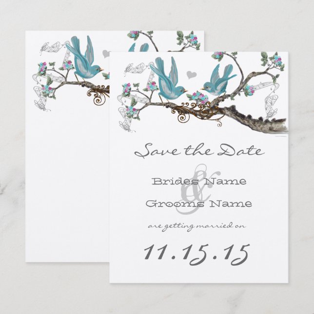 Convite Vintage Lovebird Aqua Blue & Pink Salvar Data (Frente/Verso)