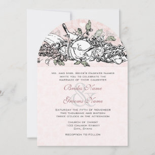 Convite Vintage Lovebird Pink Musical Scroll Wedding