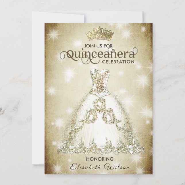 Convite Vintage luxuosa tiara Quinceañera (Frente)