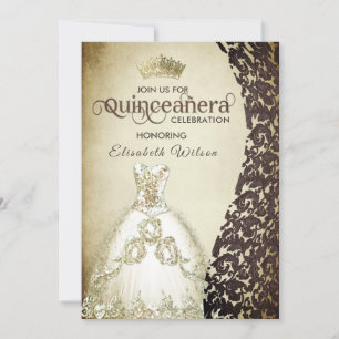 Convite Vintage luxury damask gold tiara Quinceañera Inv