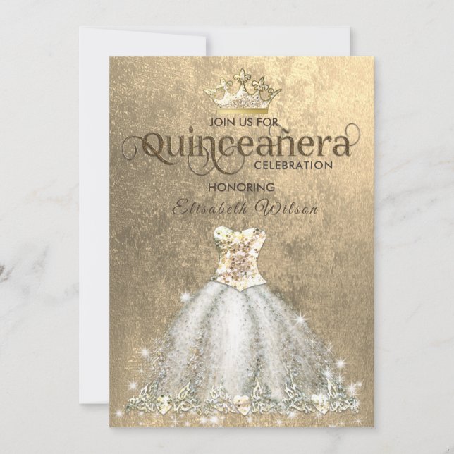 Convite Vintage luxury gold tiara Quinceañera (Frente)