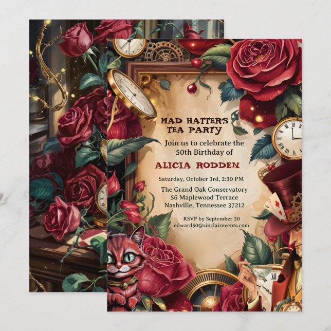 Convite Vintage Mad Hatter Tea Party Birthday  (Frente/Verso)