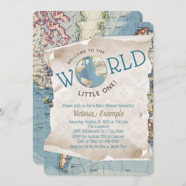 Convite Vintage Map Baby Shower Invations (Frente/Verso)